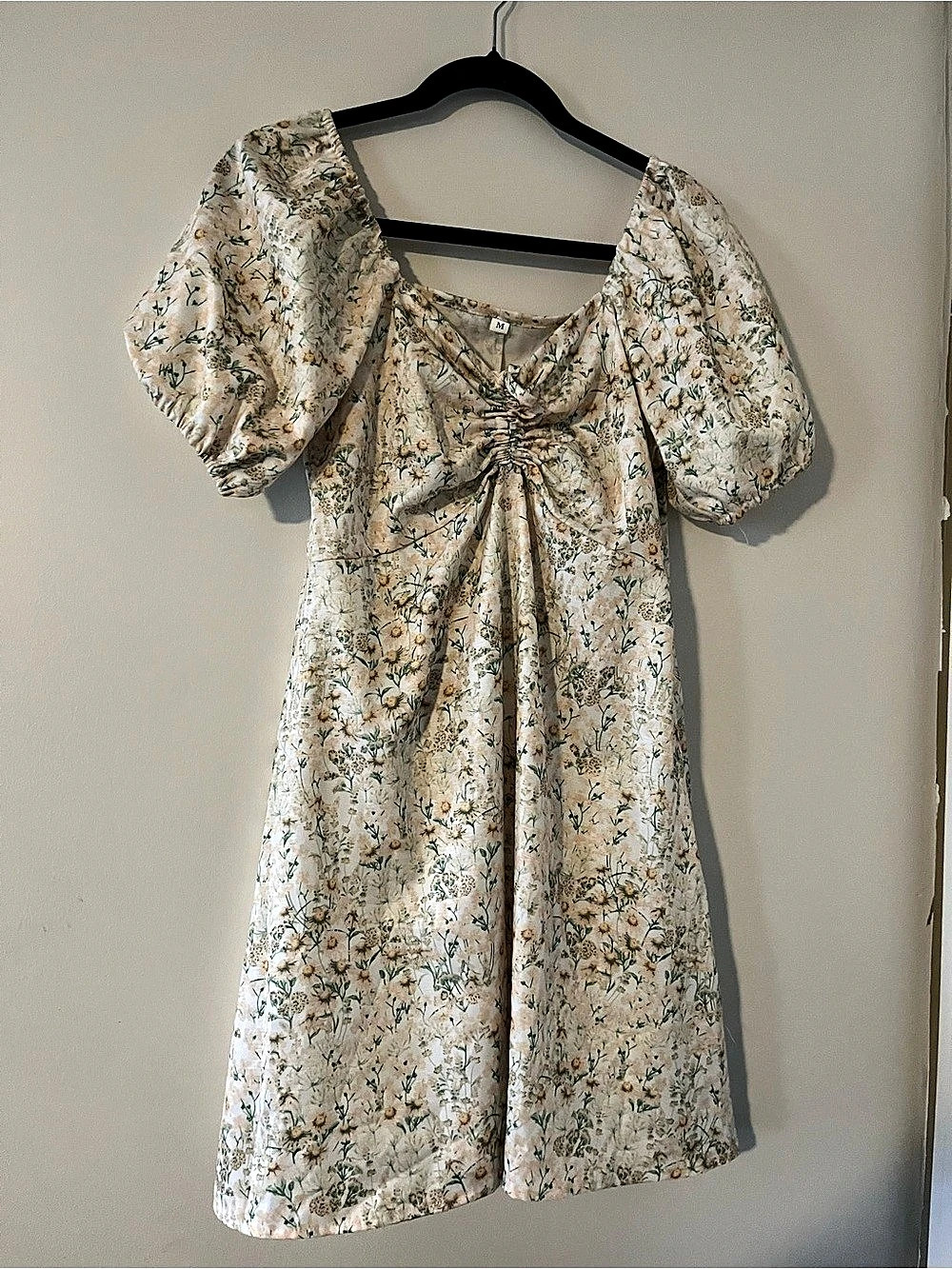 Orange Green Floral Puff Sleeve Mini Dress Medium Cottagecore Prairie Romantic